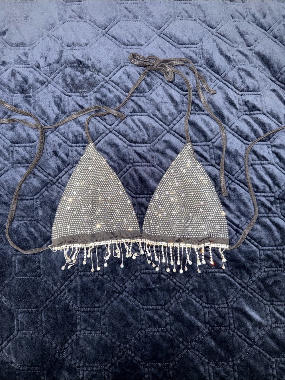 SHEIN Black Rhinestone Fringe Triangle Bralette